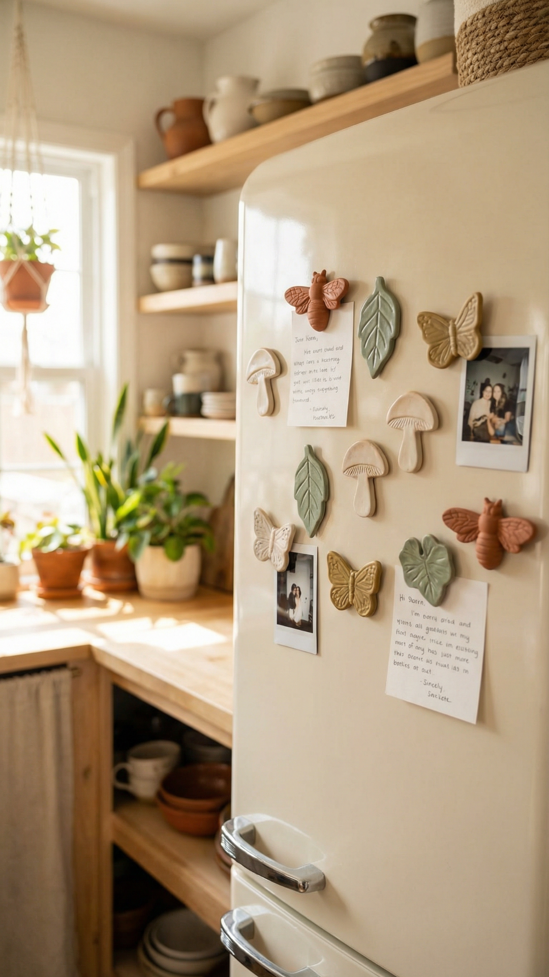 Retro cream refrigerator decorated with handmade clay magnets shaped like mushrooms, leaves, butterflies, and bees in a warm sunlit kitchen.