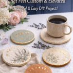 coaster image showing plain wet clay transformed into witchy boho coasters with moon designs, botanicals, and gold accents.