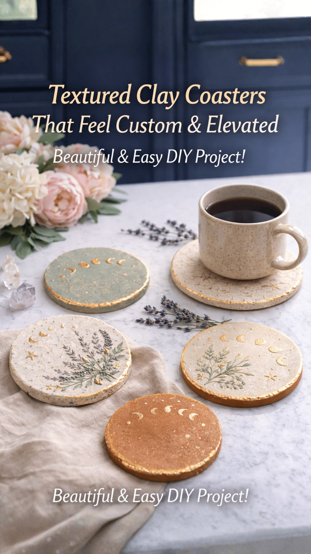coaster image showing plain wet clay transformed into witchy boho coasters with moon designs, botanicals, and gold accents.