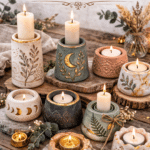 Handmade clay candle holders with botanical and celestial details styled on a rustic wooden surface with lit candles and gold accents.