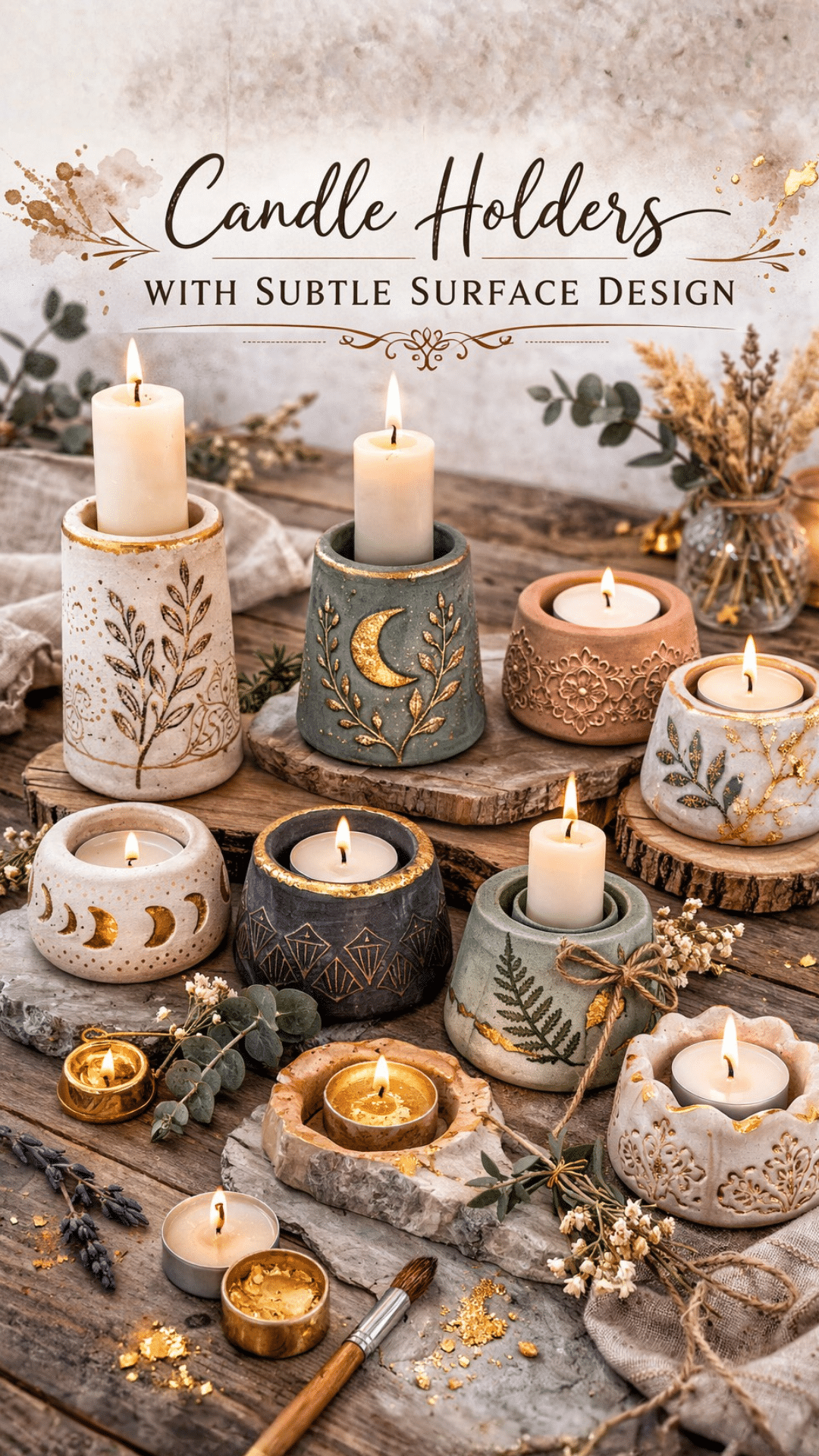 Handmade clay candle holders with botanical and celestial details styled on a rustic wooden surface with lit candles and gold accents.