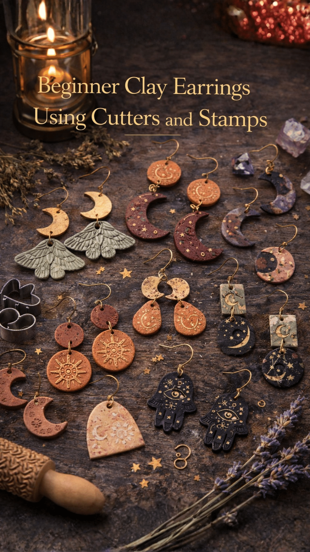Handmade clay earrings with moon, celestial, and botanical details displayed on a dark surface with cutters, lavender, and witchy styling.