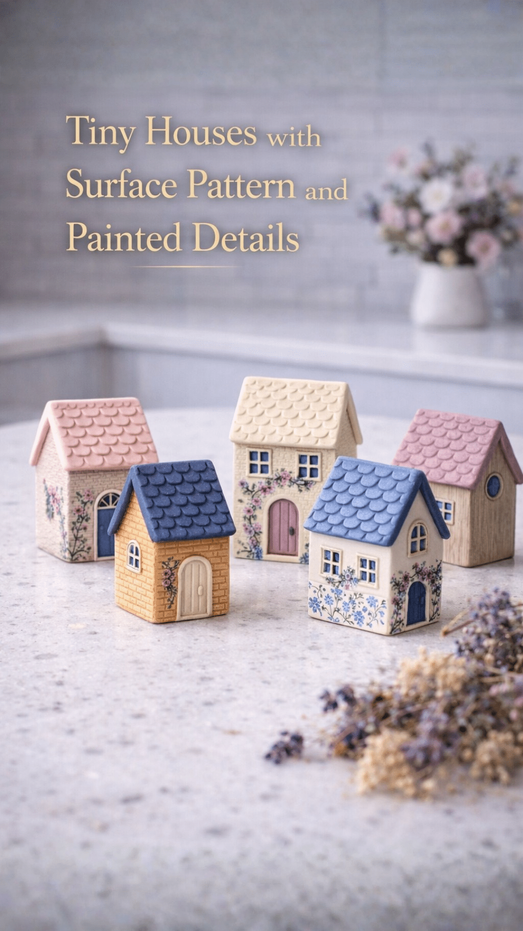 Mini handmade clay houses with pastel roofs, floral details, and textured surfaces displayed on a white quartz countertop in a bright kitchen.