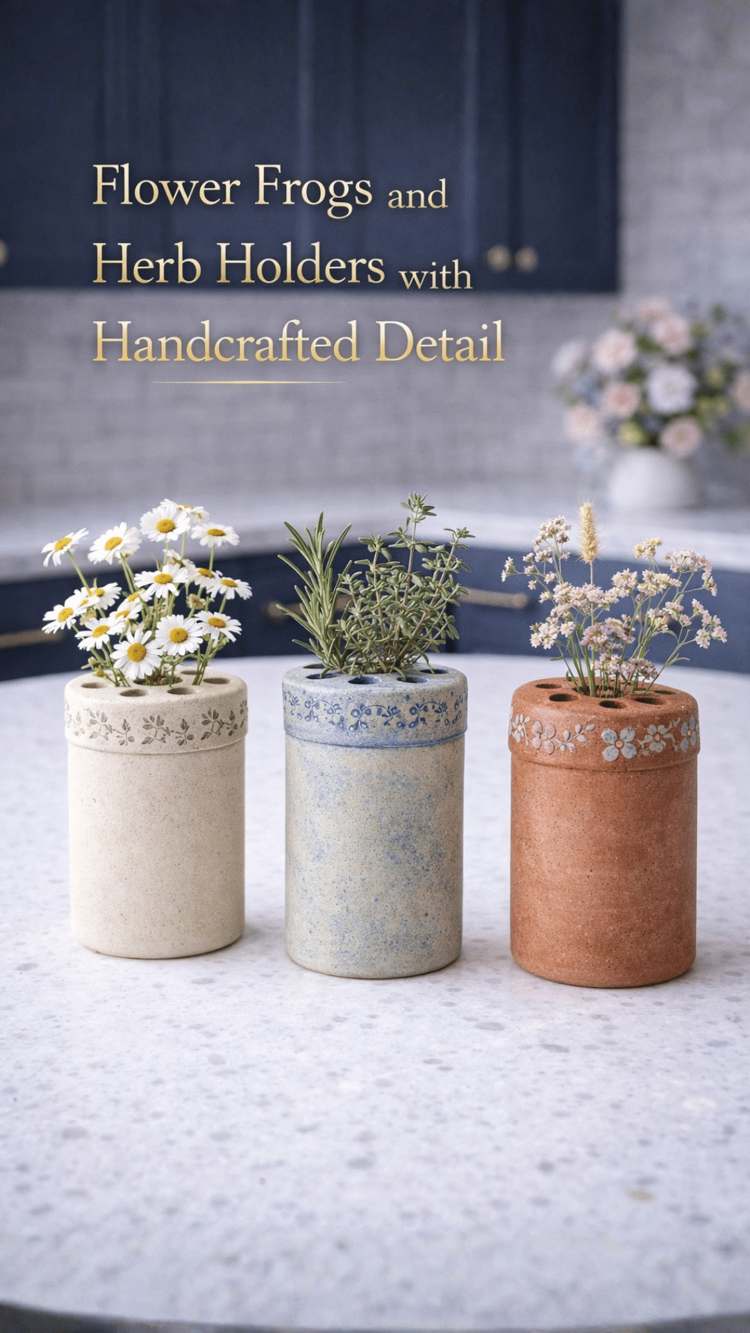 Three handmade clay flower frogs and herb holders filled with daisies, herbs, and soft flowers on a white quartz countertop in a blue kitchen.