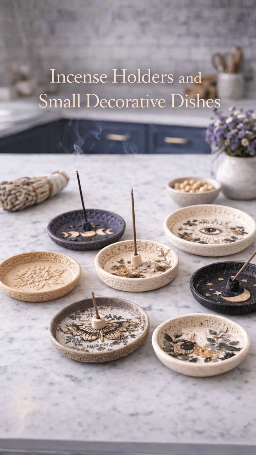 Handmade clay incense holders and small decorative dishes with botanical and moon details styled on a white quartz countertop in a bright kitchen.