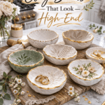 Textured clay pinch bowls with gold edging and botanical designs styled on a white quartz countertop in a modern farmhouse kitchen.