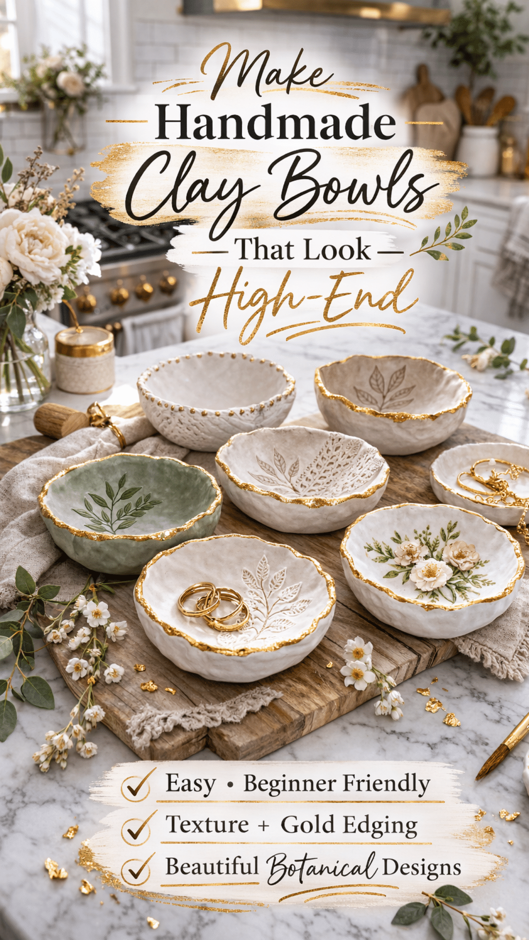 Textured clay pinch bowls with gold edging and botanical designs styled on a white quartz countertop in a modern farmhouse kitchen.