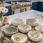 Beginner clay bowls with gold edging and botanical details styled in a modern kitchen with text overlay about easy projects.