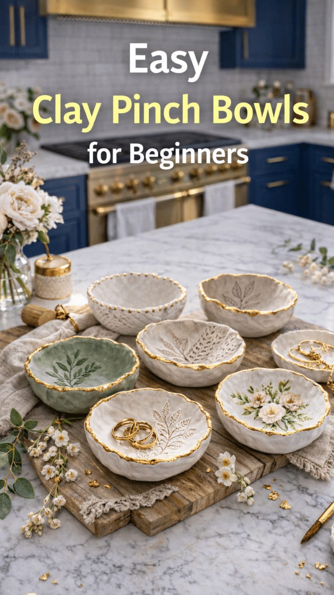 Beginner clay bowls with gold edging and botanical details styled in a modern kitchen with text overlay about easy projects.