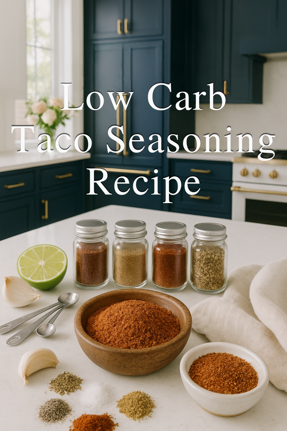 Low carb taco seasoning recipe with small jars of spices, a wooden bowl of taco seasoning, measuring spoons, garlic, lime, and dark blue kitchen cabinets in the background.