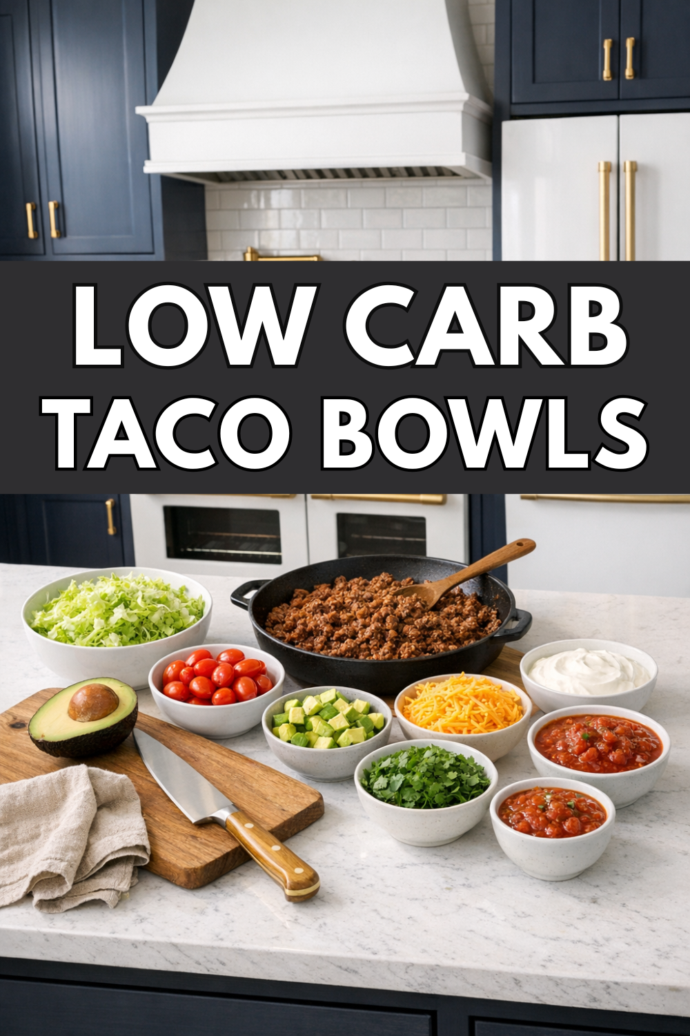 Lazy dinner low carb taco bowls with cooked taco meat in a skillet and bowls of lettuce, tomatoes, avocado, cheese, sour cream, and salsa on a kitchen counter.