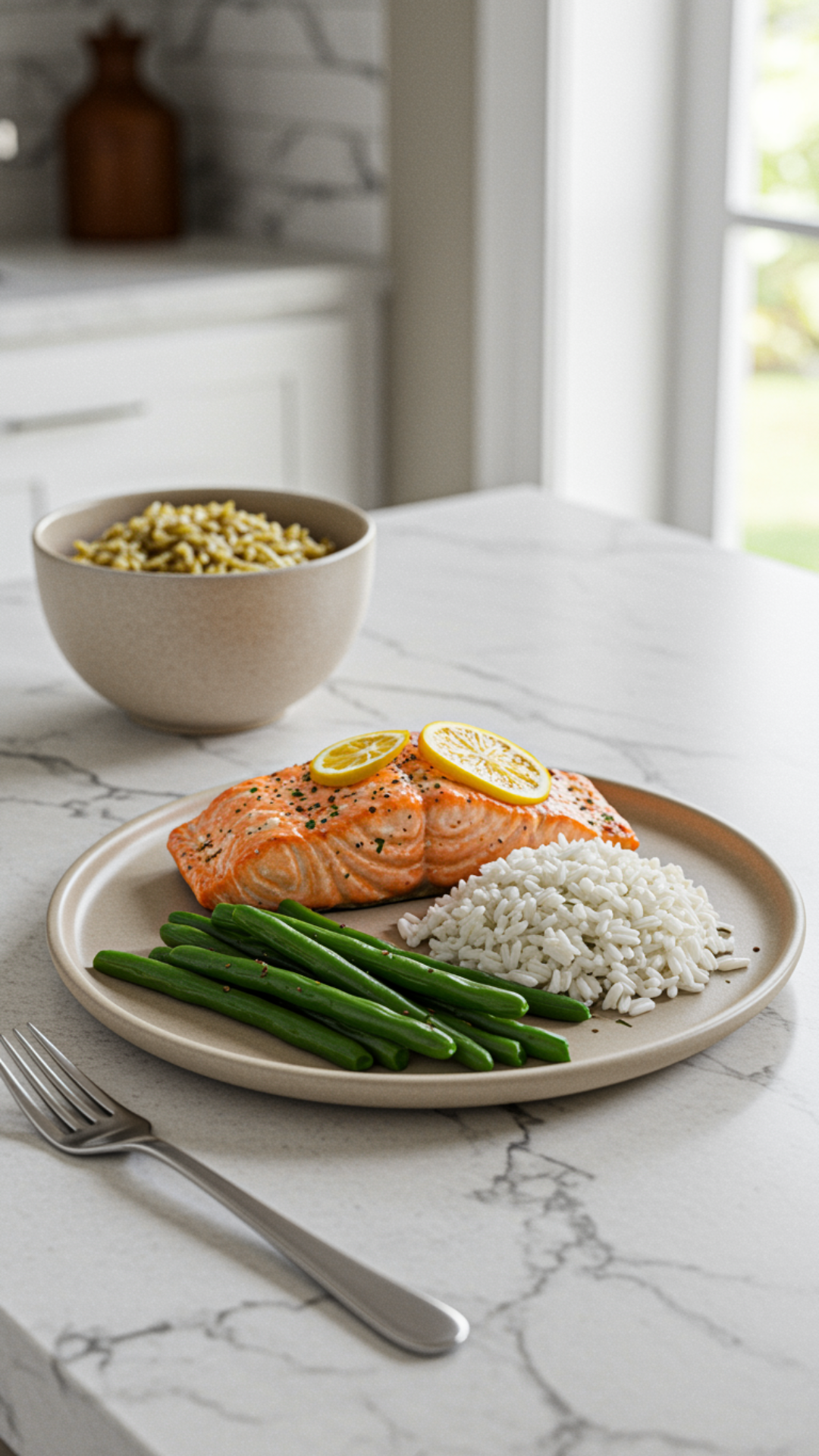 Plate of baked salmon topped with lemon slices, served with green beans and white rice on a light countertop.