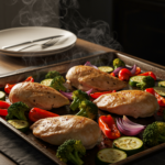 Sheet pan with baked chicken breasts, broccoli, zucchini slices, red onion, and mini peppers, with steam rising from the pan.