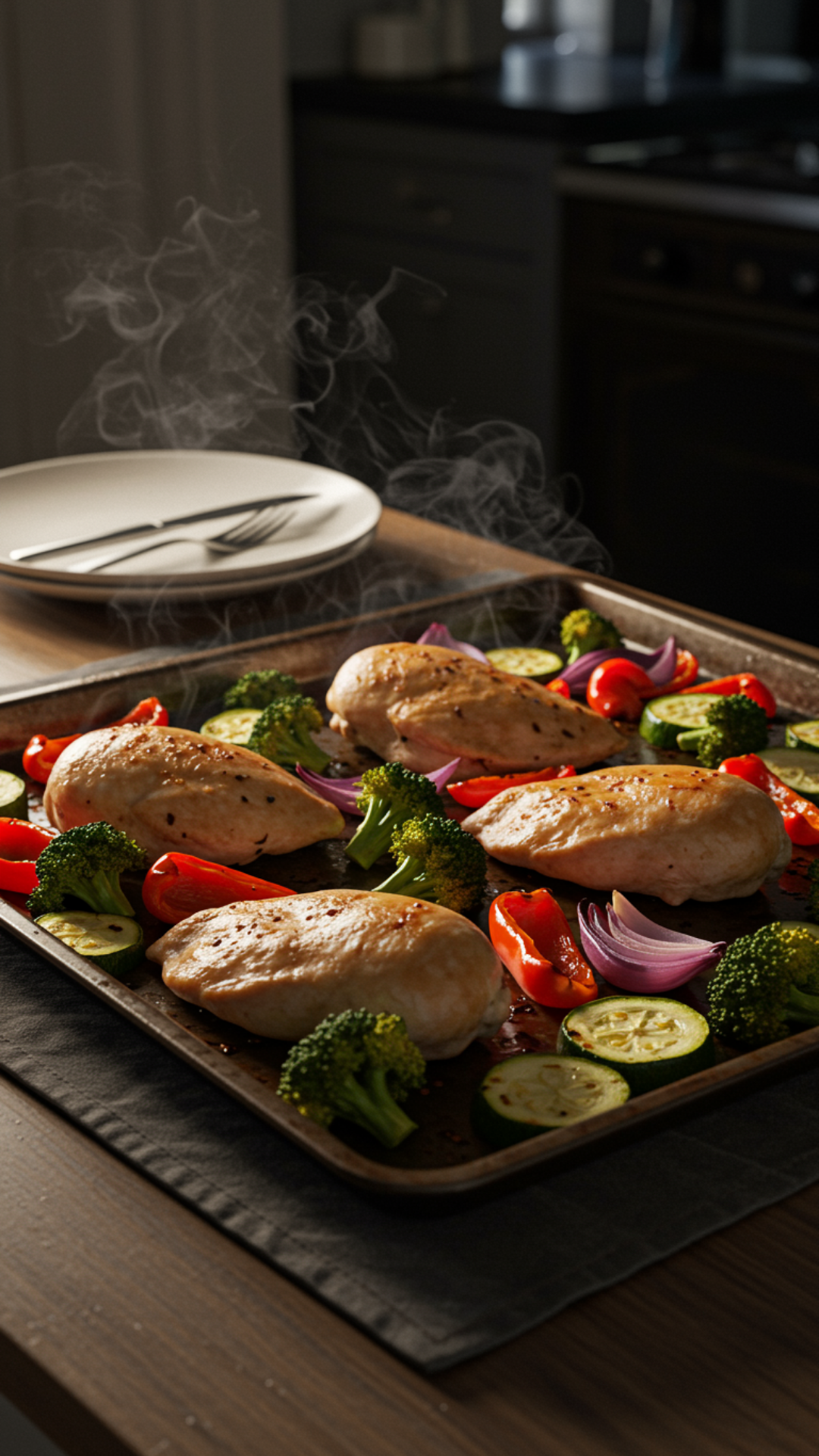 Sheet pan with baked chicken breasts, broccoli, zucchini slices, red onion, and mini peppers, with steam rising from the pan.