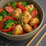Bowl of chicken stir fry with broccoli, red peppers, cherry tomatoes, sesame seeds, and green onions, with chopsticks on the side.