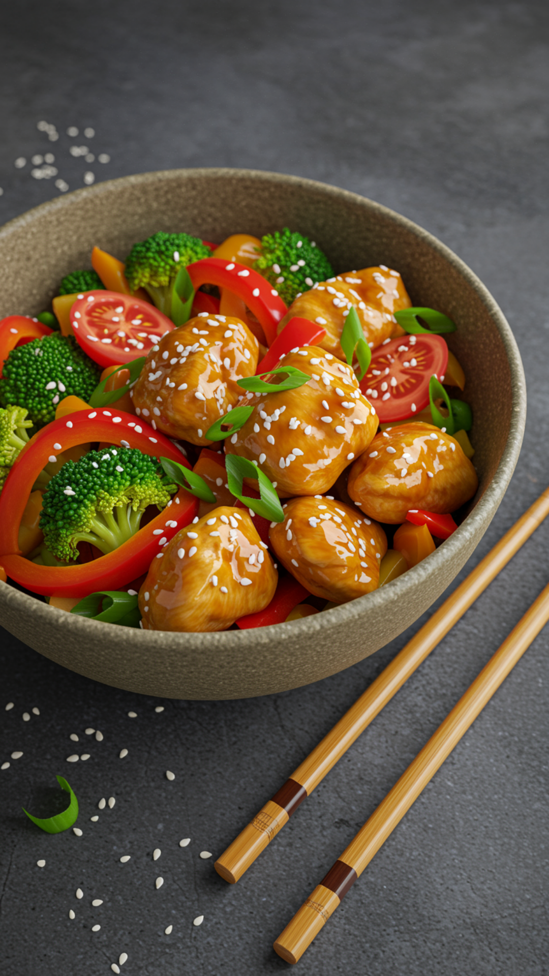 Bowl of chicken stir fry with broccoli, red peppers, cherry tomatoes, sesame seeds, and green onions, with chopsticks on the side.