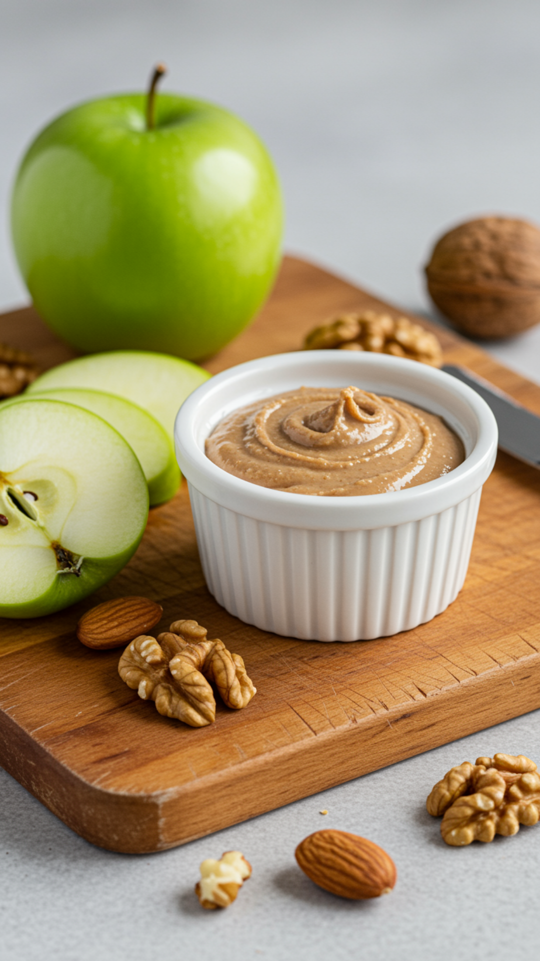 Green apple slices with a white ramekin of nut butter on a wooden cutting board, surrounded by walnuts and almonds.