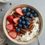 Bowl of cottage cheese topped with strawberries, blueberries, and pecans on a light gray surface with a spoon