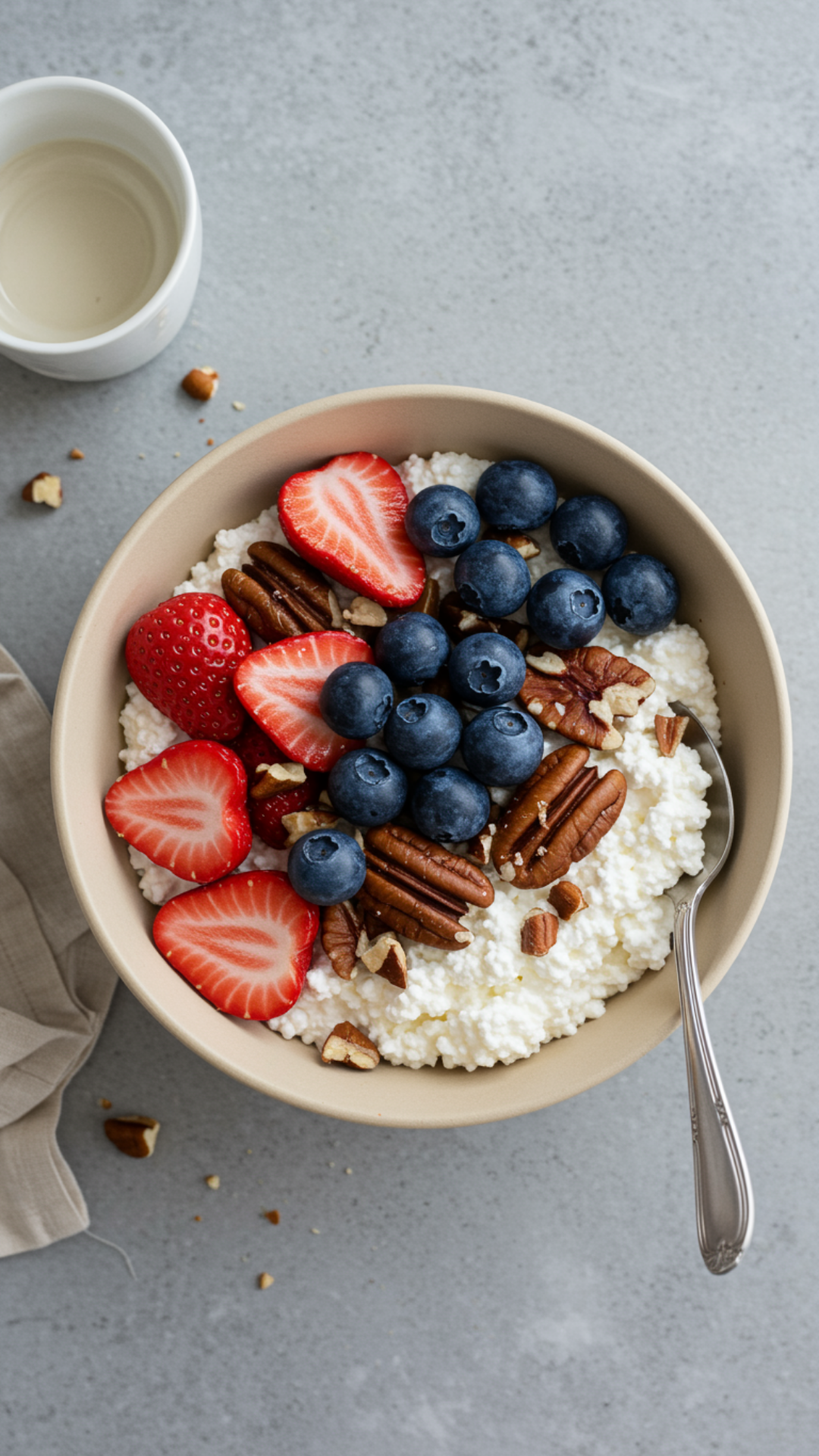 Bowl of cottage cheese topped with strawberries, blueberries, and pecans on a light gray surface with a spoon