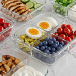 Glass meal prep containers filled with grilled chicken, cucumber slices, chopped vegetables, hard boiled eggs, blueberries, cherry tomatoes, and yogurt.