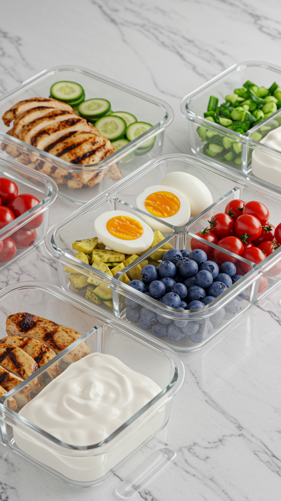 Glass meal prep containers filled with grilled chicken, cucumber slices, chopped vegetables, hard boiled eggs, blueberries, cherry tomatoes, and yogurt.