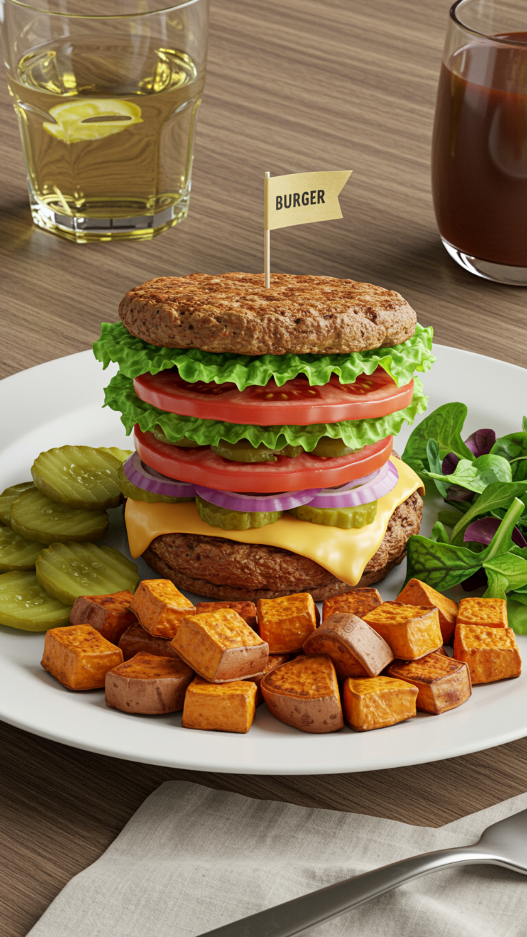 Bunless cheeseburger stacked with lettuce, tomato, onion, and pickles, served with roasted sweet potatoes and greens on a white plate.