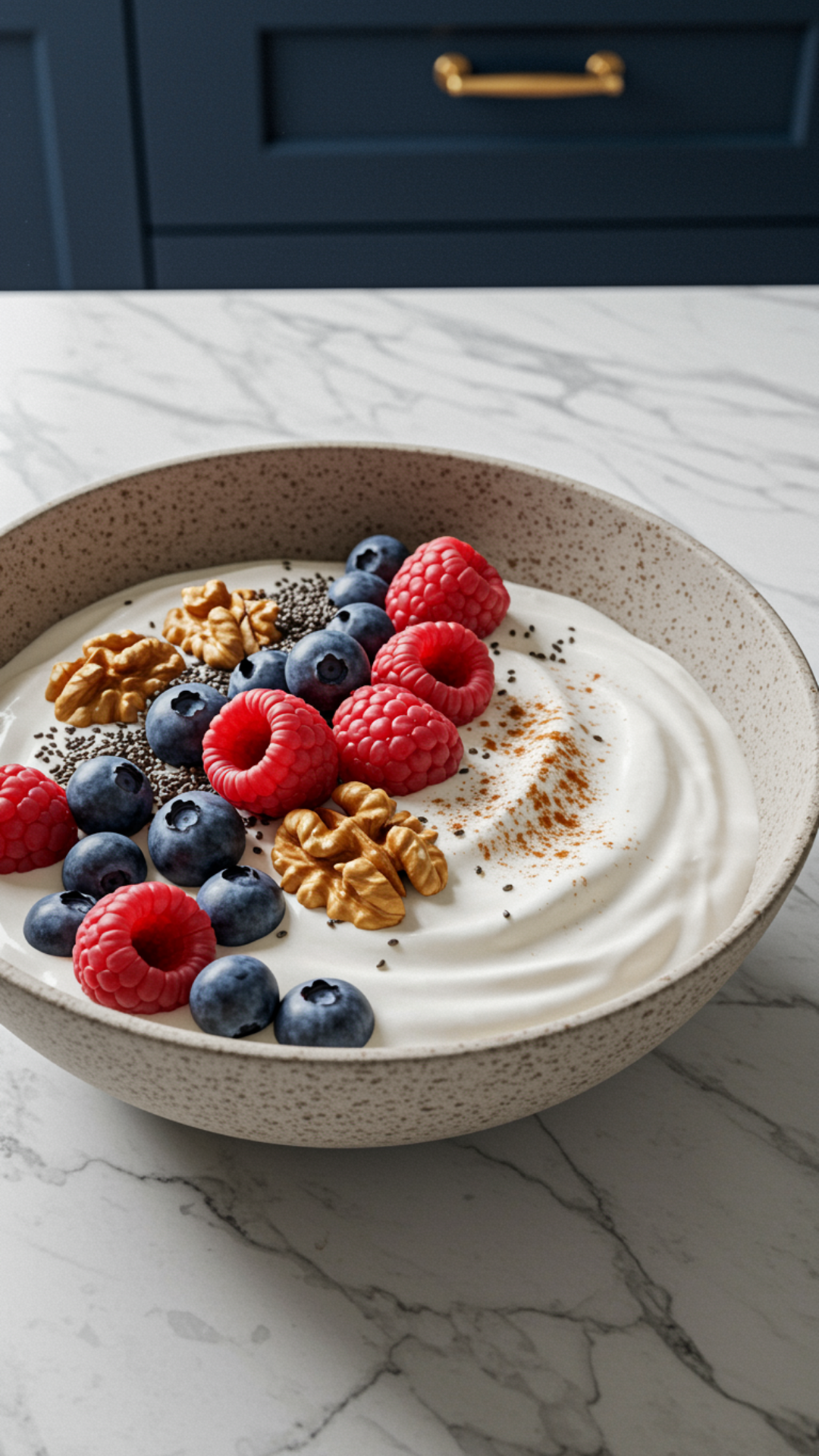 Bowl of plain Greek yogurt topped with raspberries, blueberries, walnuts, chia seeds, and cinnamon on a marble countertop.