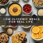 Flat lay of ingredients and foods for low glycemic meals including berries, oranges, olives, tomatoes, nuts, seeds, creamy dip, and snack bowls with text overlay reading low glycemic meals for real life.