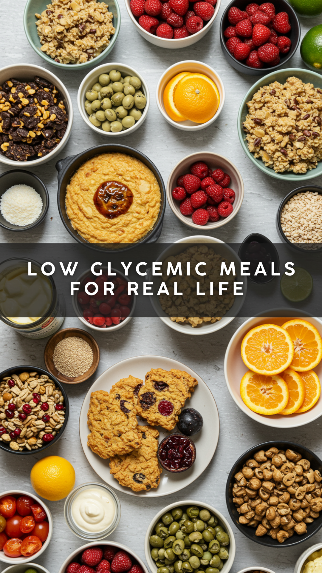 Flat lay of ingredients and foods for low glycemic meals including berries, oranges, olives, tomatoes, nuts, seeds, creamy dip, and snack bowls with text overlay reading low glycemic meals for real life.