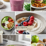 Collage of low glycemic meal ideas including a berry smoothie, bunless burger with sweet potatoes, Greek chicken bowl, yogurt bowl with berries, scrambled eggs with avocado, and apple slices with nut butter.