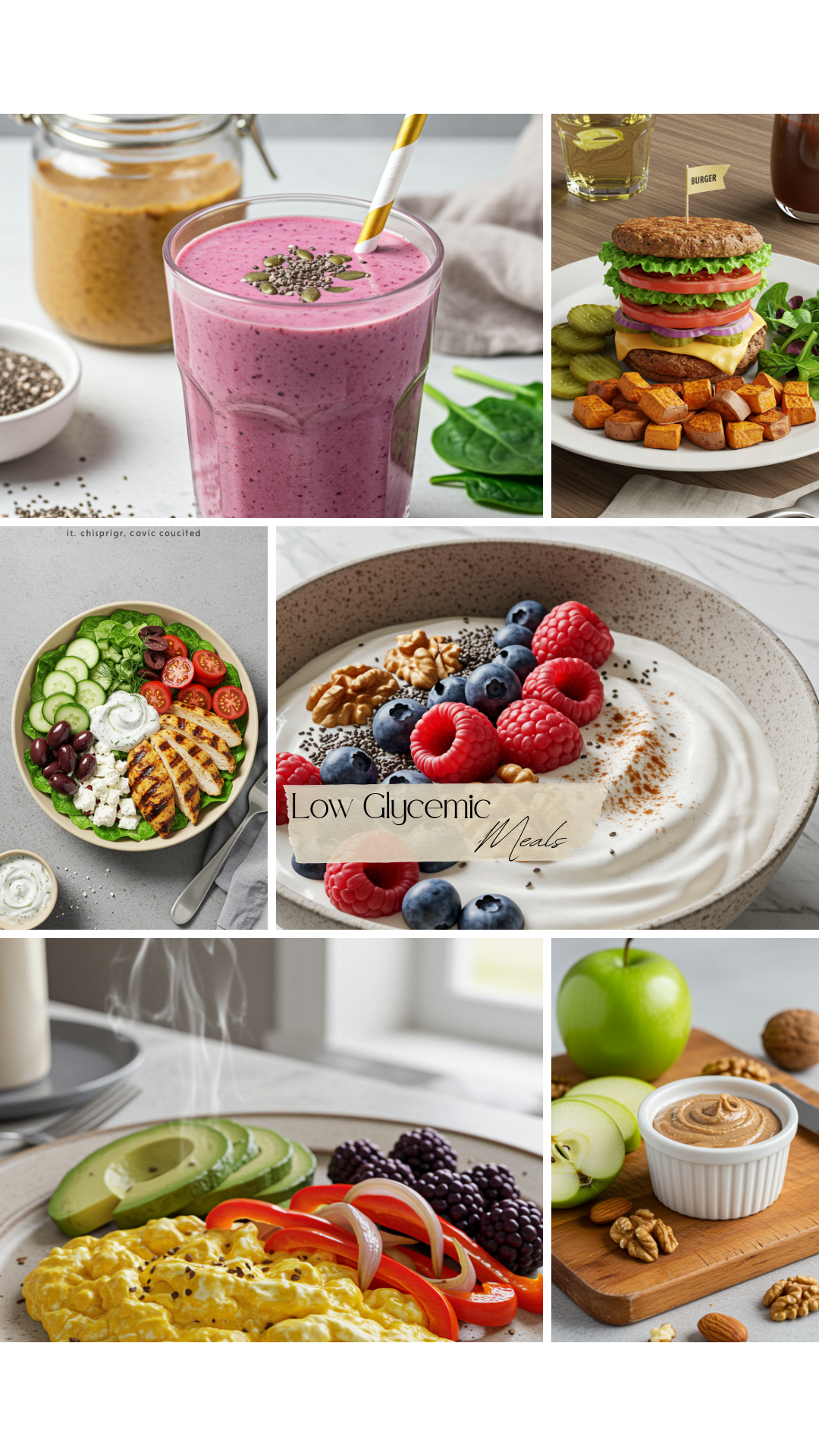 Collage of low glycemic meal ideas including a berry smoothie, bunless burger with sweet potatoes, Greek chicken bowl, yogurt bowl with berries, scrambled eggs with avocado, and apple slices with nut butter.