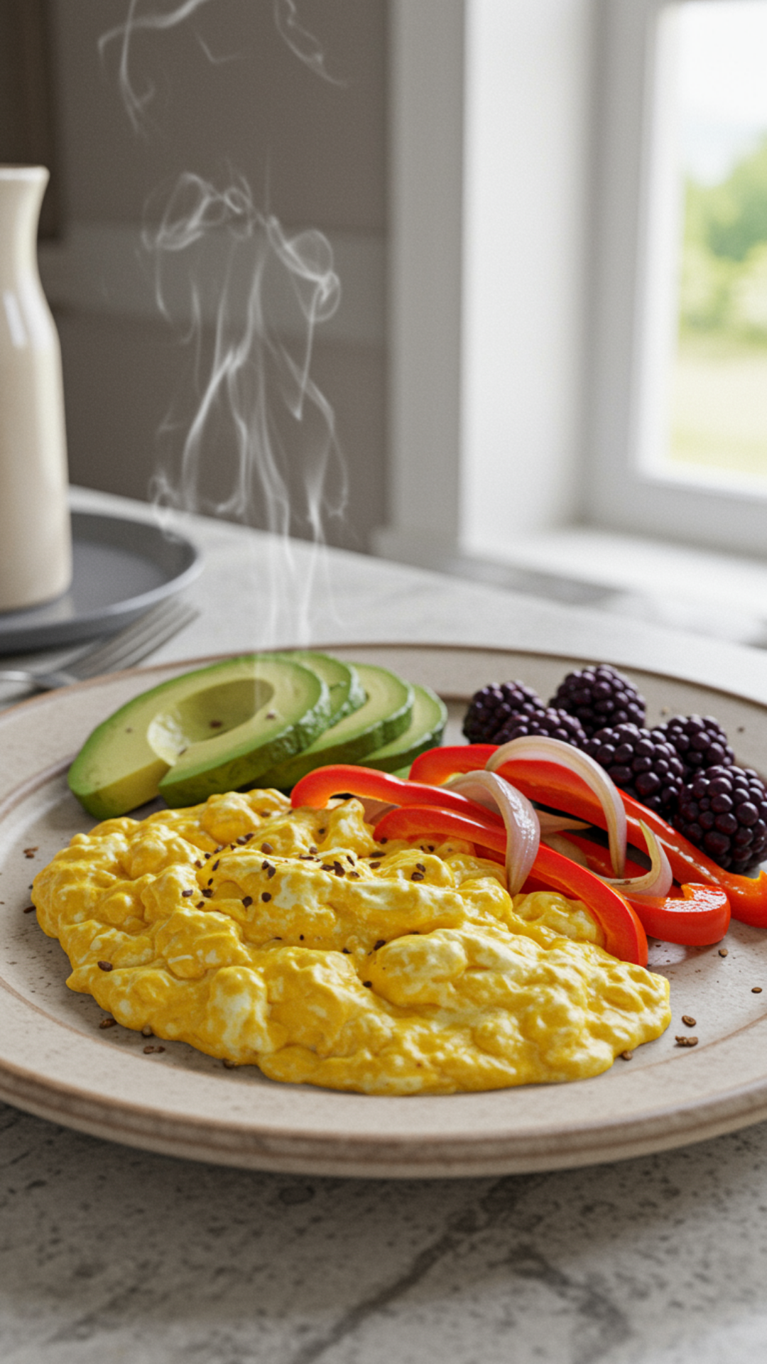 Plate of scrambled eggs with sliced avocado, red pepper, onion, and blackberries beside a sunny window.