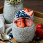 Glass jars of chia pudding topped with strawberries, blueberries, coconut flakes, and pumpkin seeds on a wooden tray.