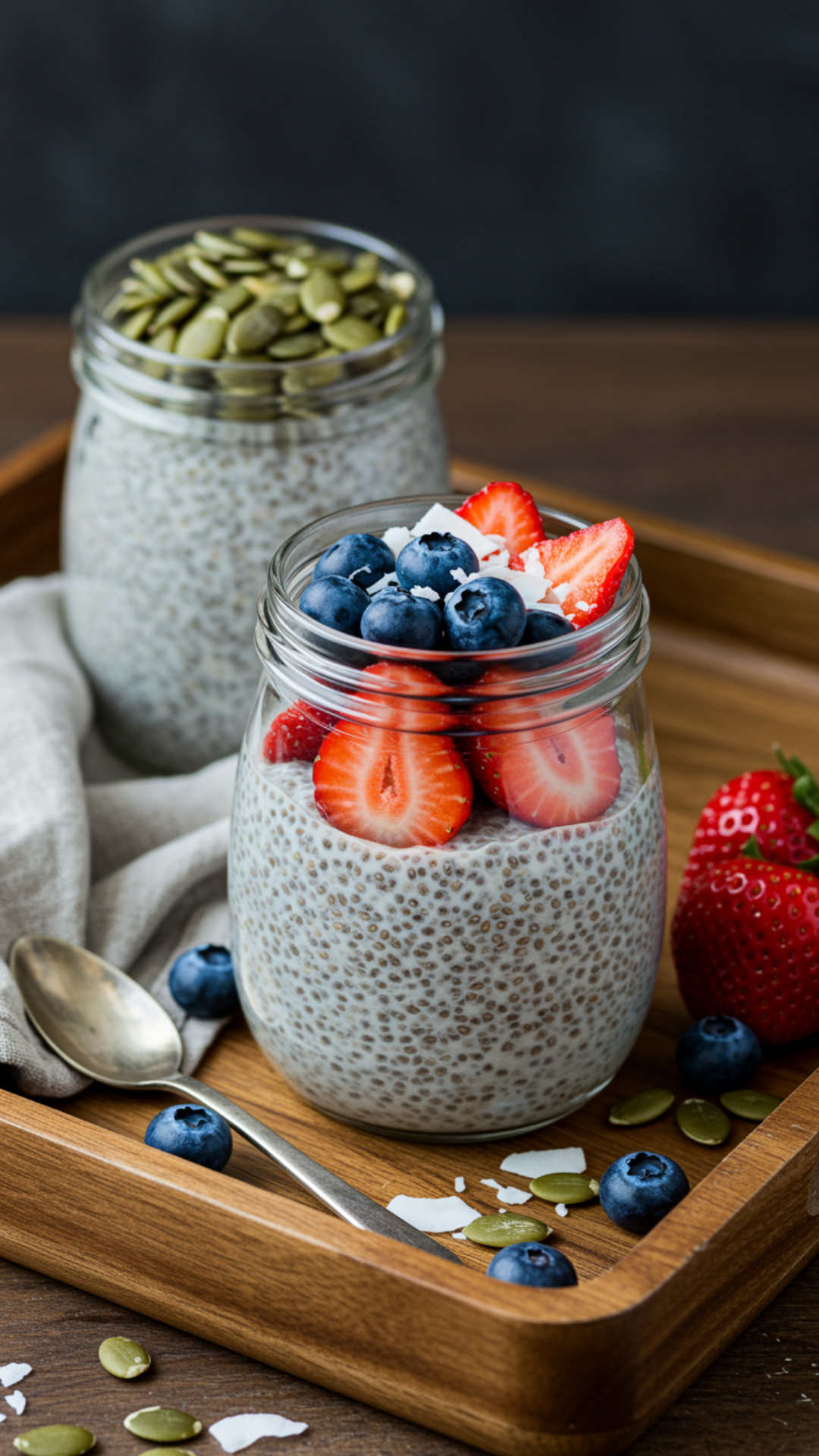 Glass jars of chia pudding topped with strawberries, blueberries, coconut flakes, and pumpkin seeds on a wooden tray.
