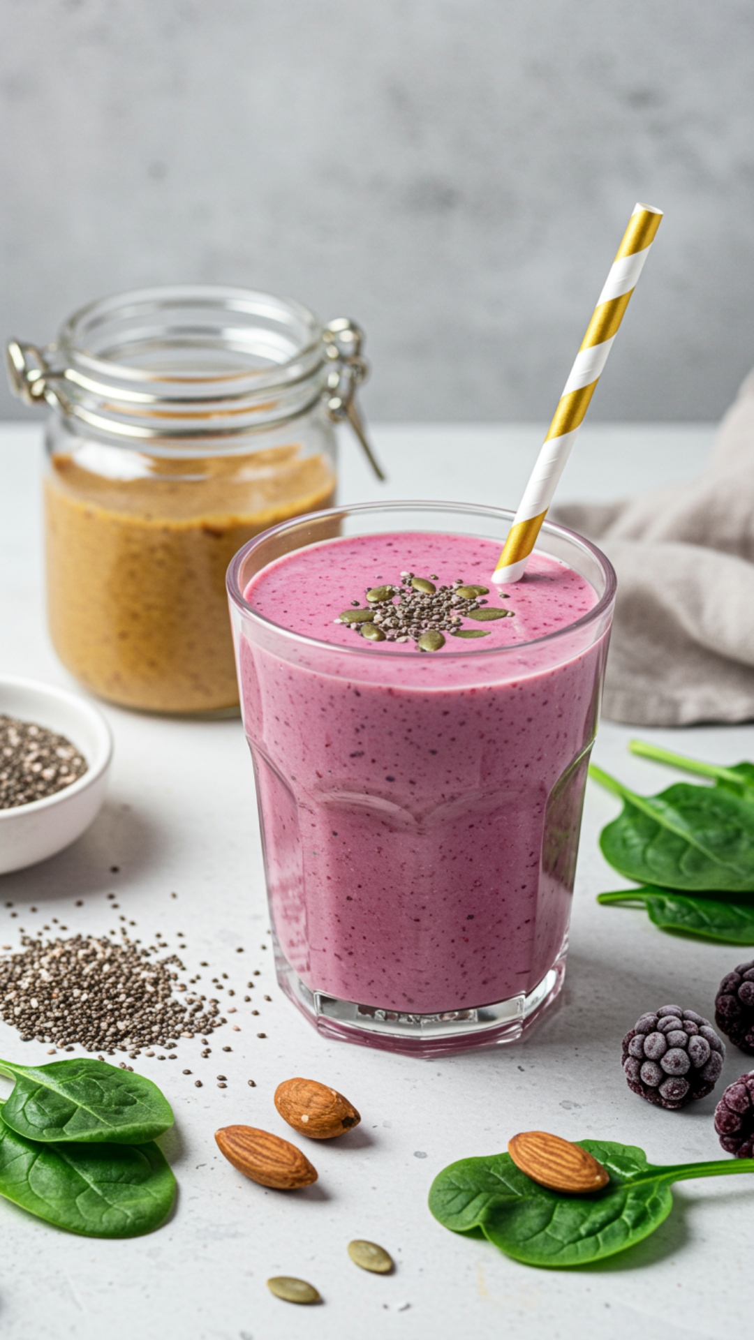 Pink berry smoothie in a glass topped with chia seeds and pumpkin seeds, surrounded by spinach, almonds, and frozen berries.