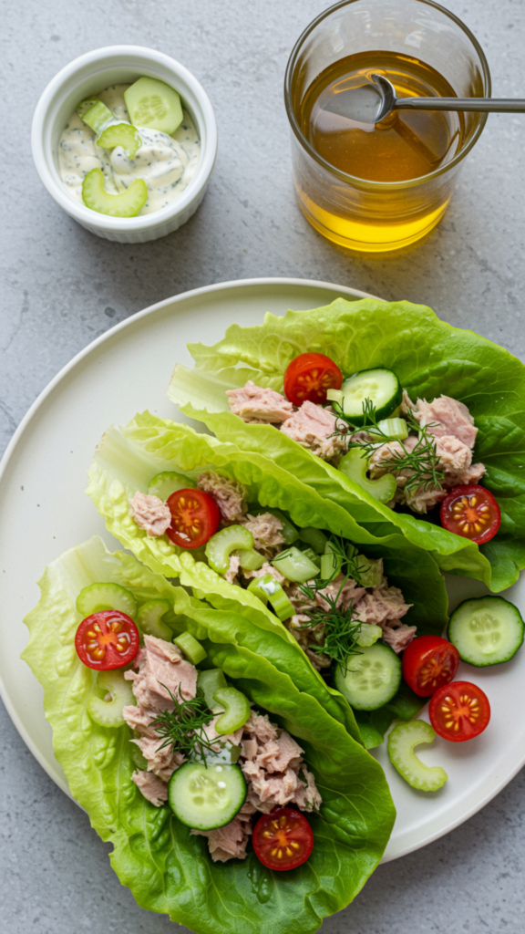 Romaine lettuce wraps filled with tuna salad, celery, cucumber slices, dill, and cherry tomatoes on a white plate.