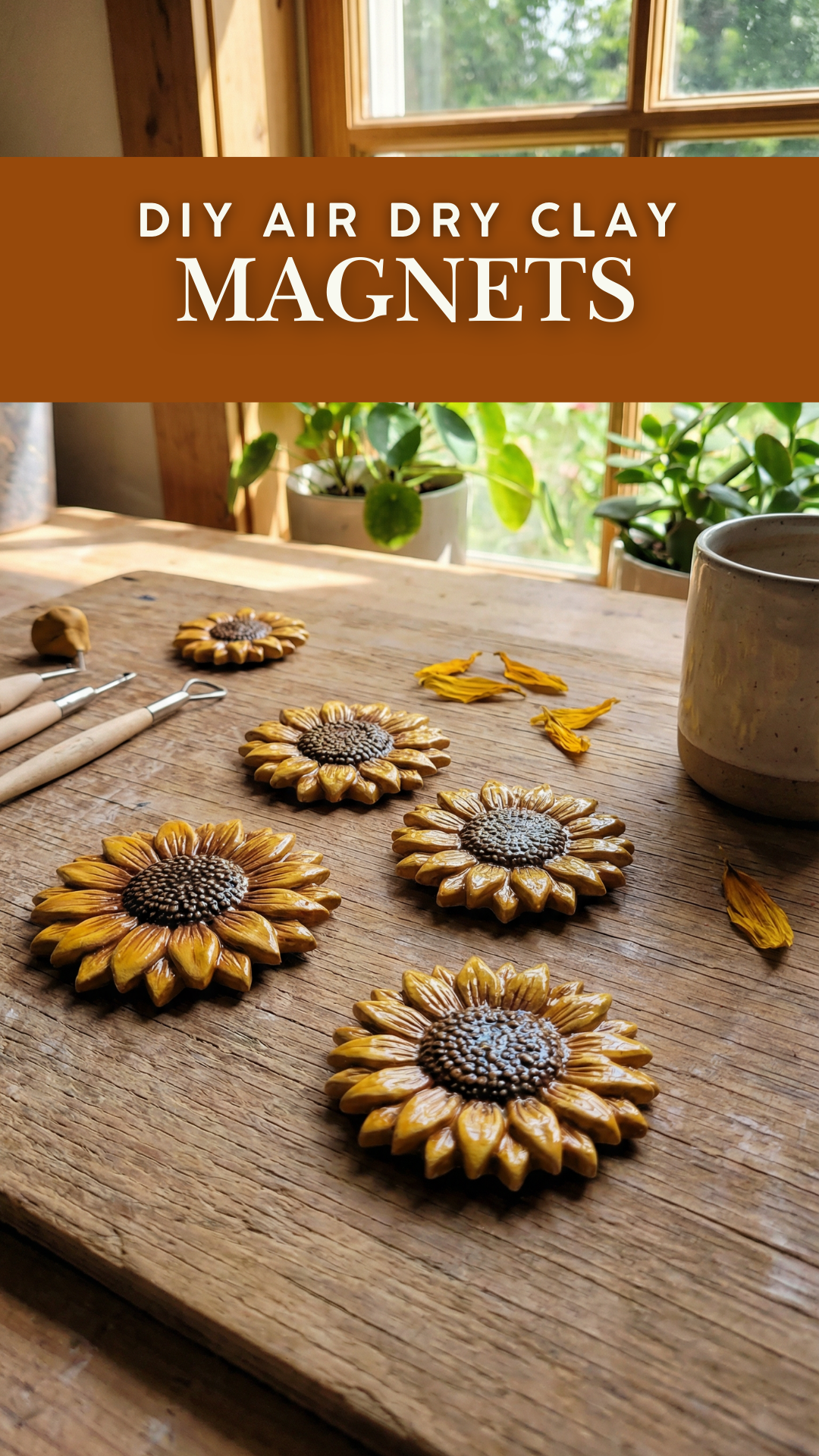 Handmade sunflower clay magnets on a wooden table near a window with clay tools, petals, and a ceramic mug.