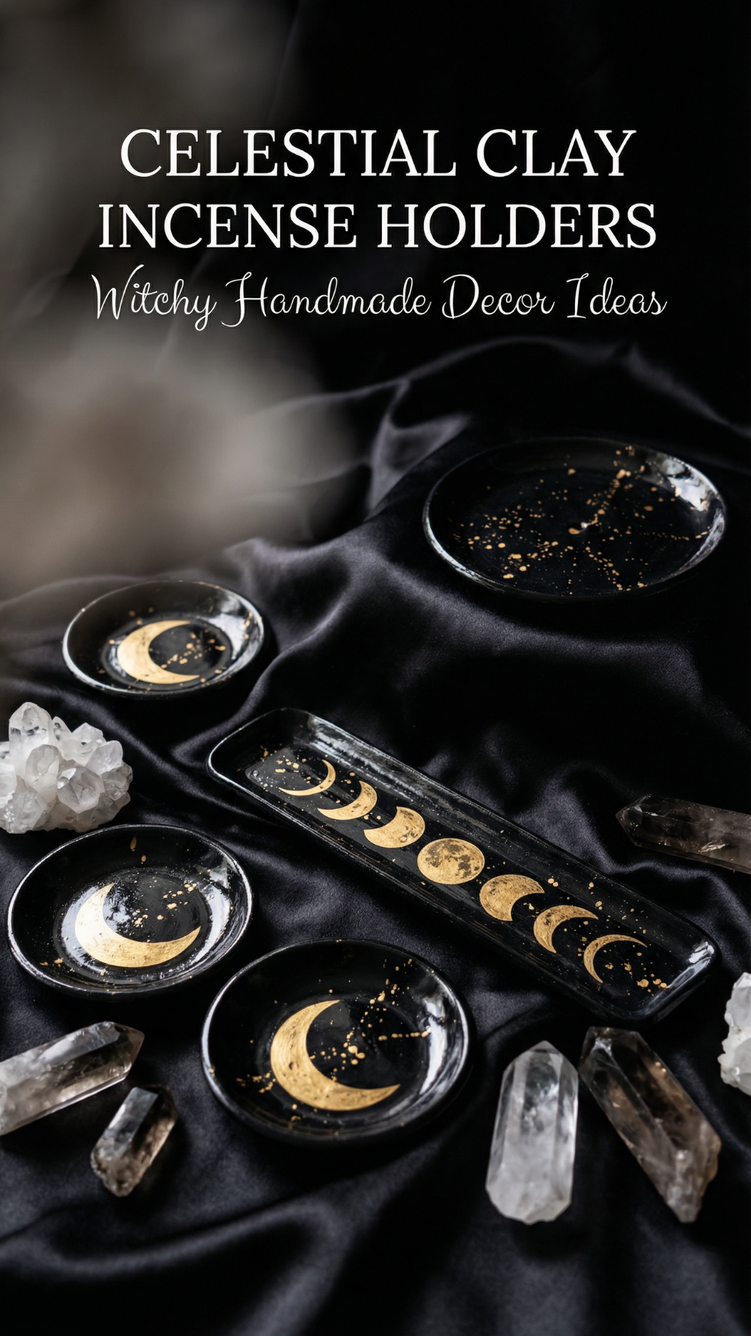 Black clay incense holders with gold moon phase details styled on black satin with crystals in a witchy celestial flat lay.