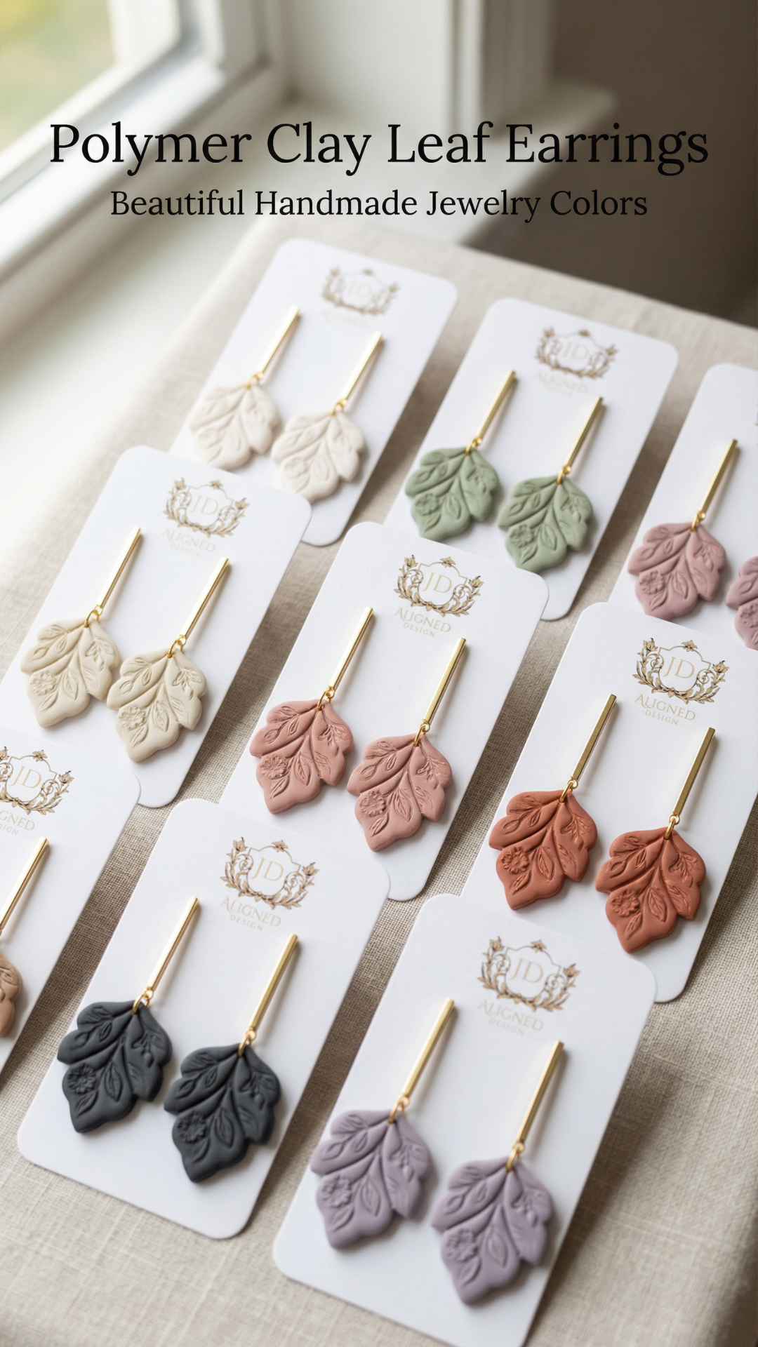 Multiple pairs of polymer clay leaf earrings in neutral and pastel colors displayed on branded jewelry cards near a window.