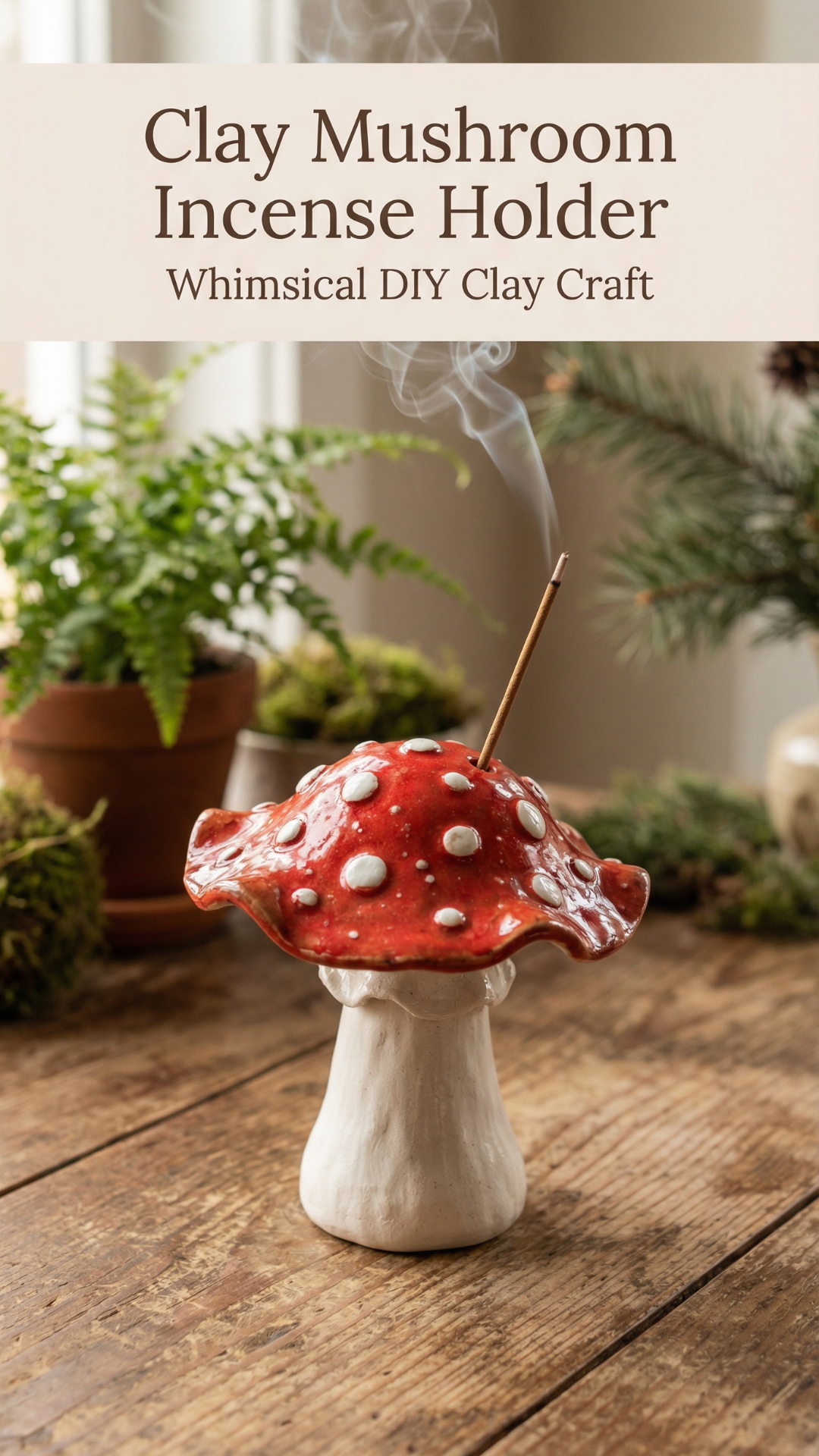 Handmade red and white clay mushroom incense holder with smoke rising, displayed on a rustic wooden table with plants in the background.
