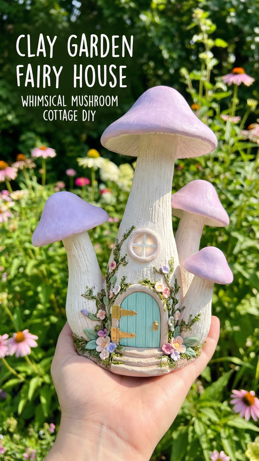 Handmade clay fairy house shaped like pastel purple mushrooms with a blue door, held outdoors in a flower garden.