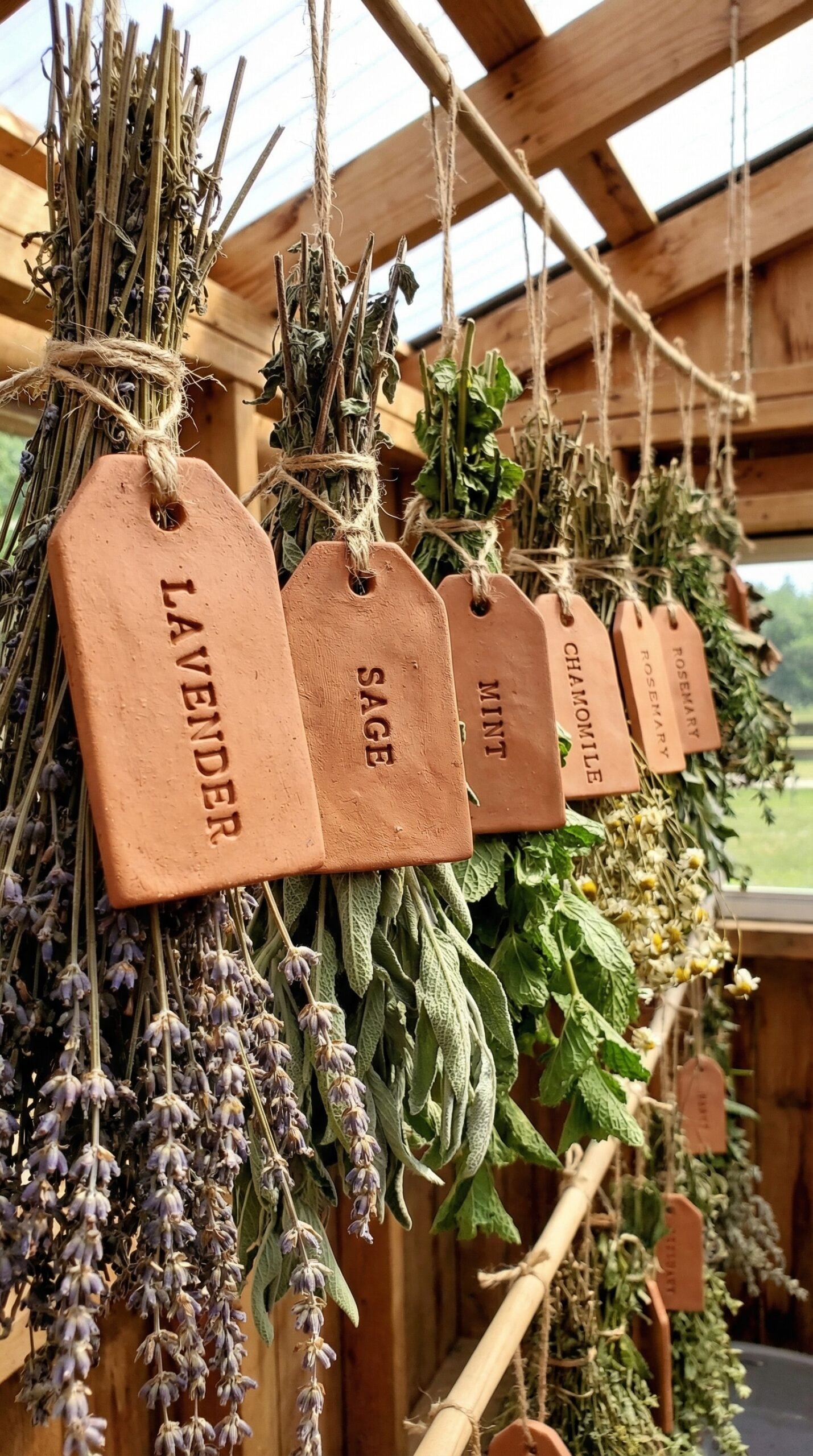 Bundles of dried herbs including lavender, sage, mint, chamomile, and rosemary hanging with handmade clay herb label tags in a wooden drying rack.