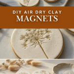 Round air dry clay magnets with pressed botanical patterns arranged on marble with dried lavender and soft natural light.