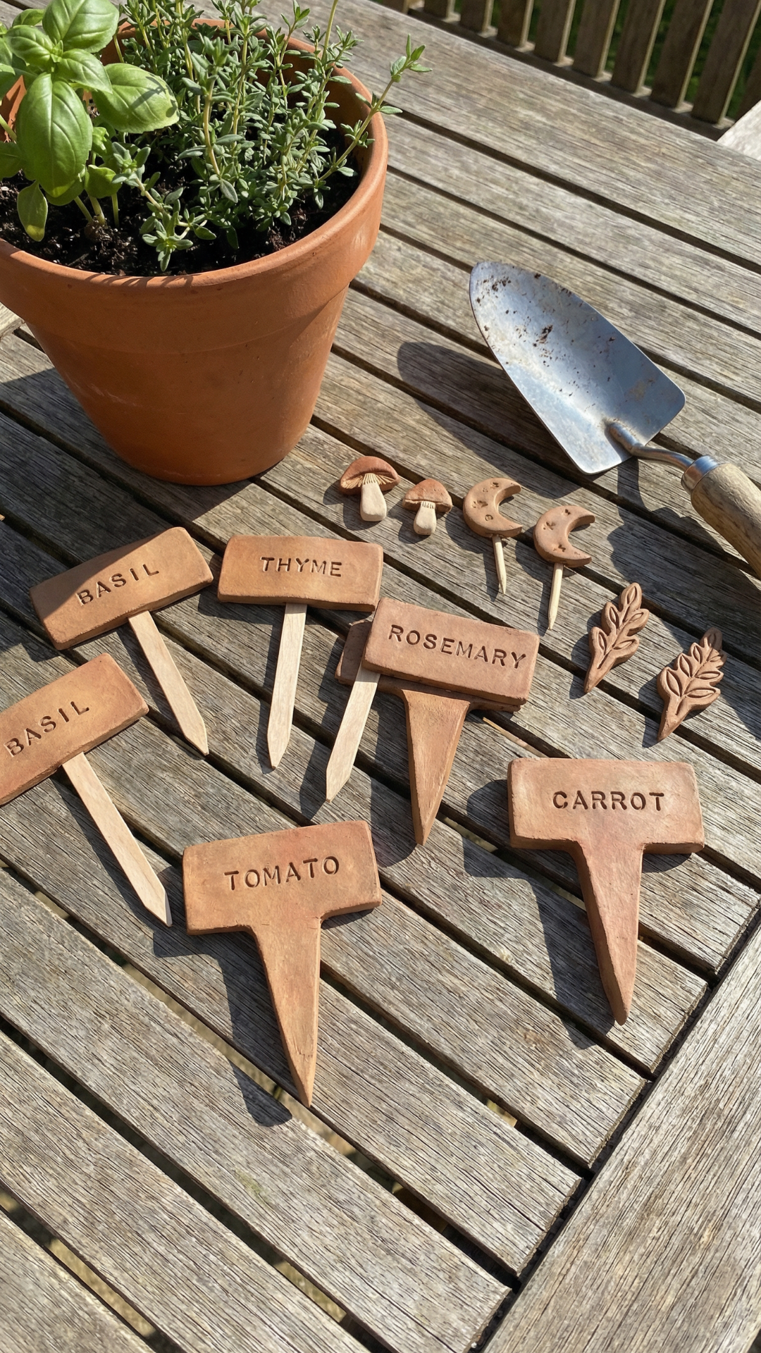 Handmade clay garden markers labeled basil, thyme, rosemary, tomato, and carrot arranged on a wooden table beside a herb pot and gardening trowel.