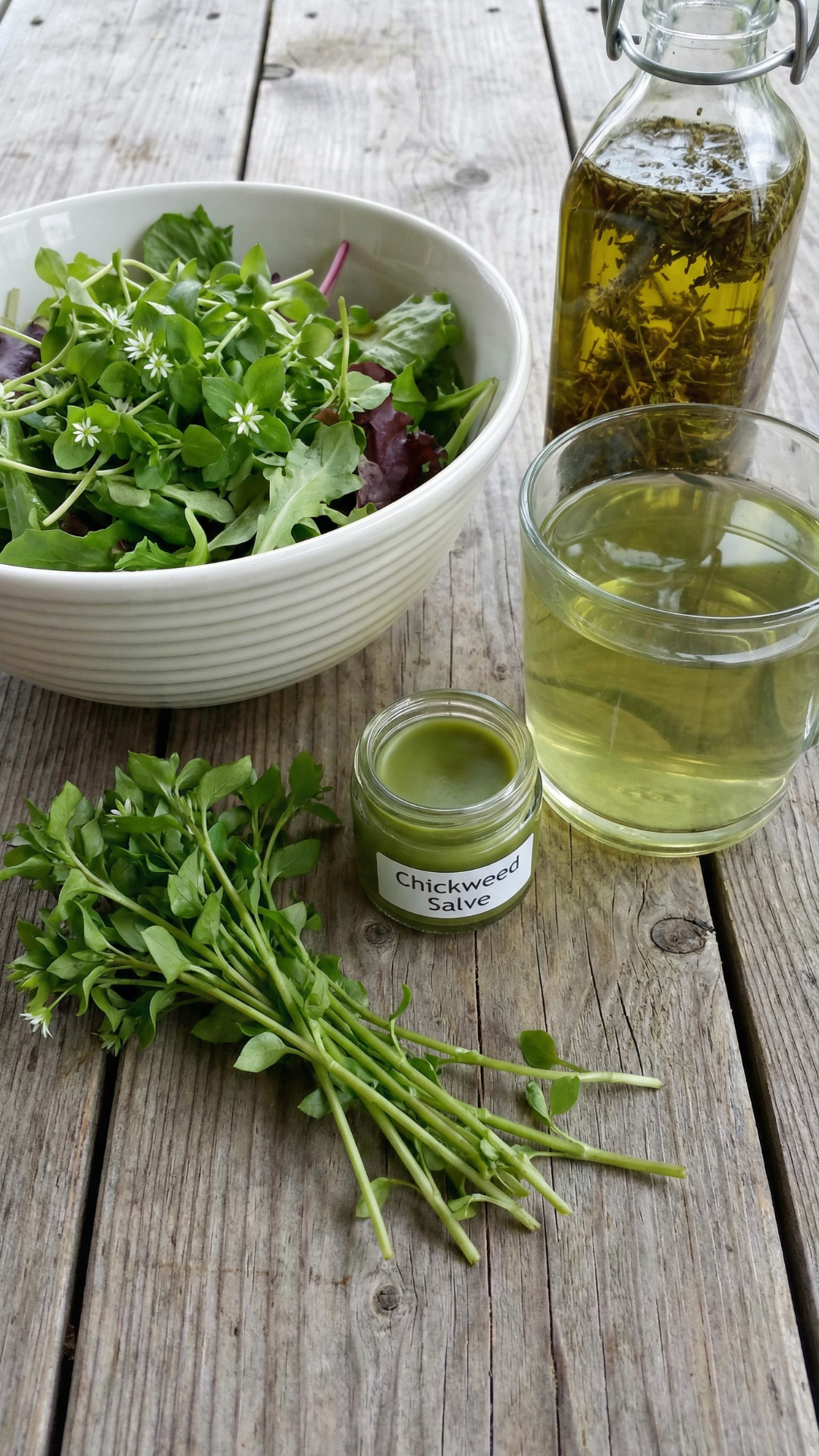 Fresh chickweed herb on a rustic wooden table beside a bowl of spring greens, chickweed salve, herbal oil infusion, and a glass of herbal tea, demonstrating natural chickweed uses for spring herbal remedies and skin care.