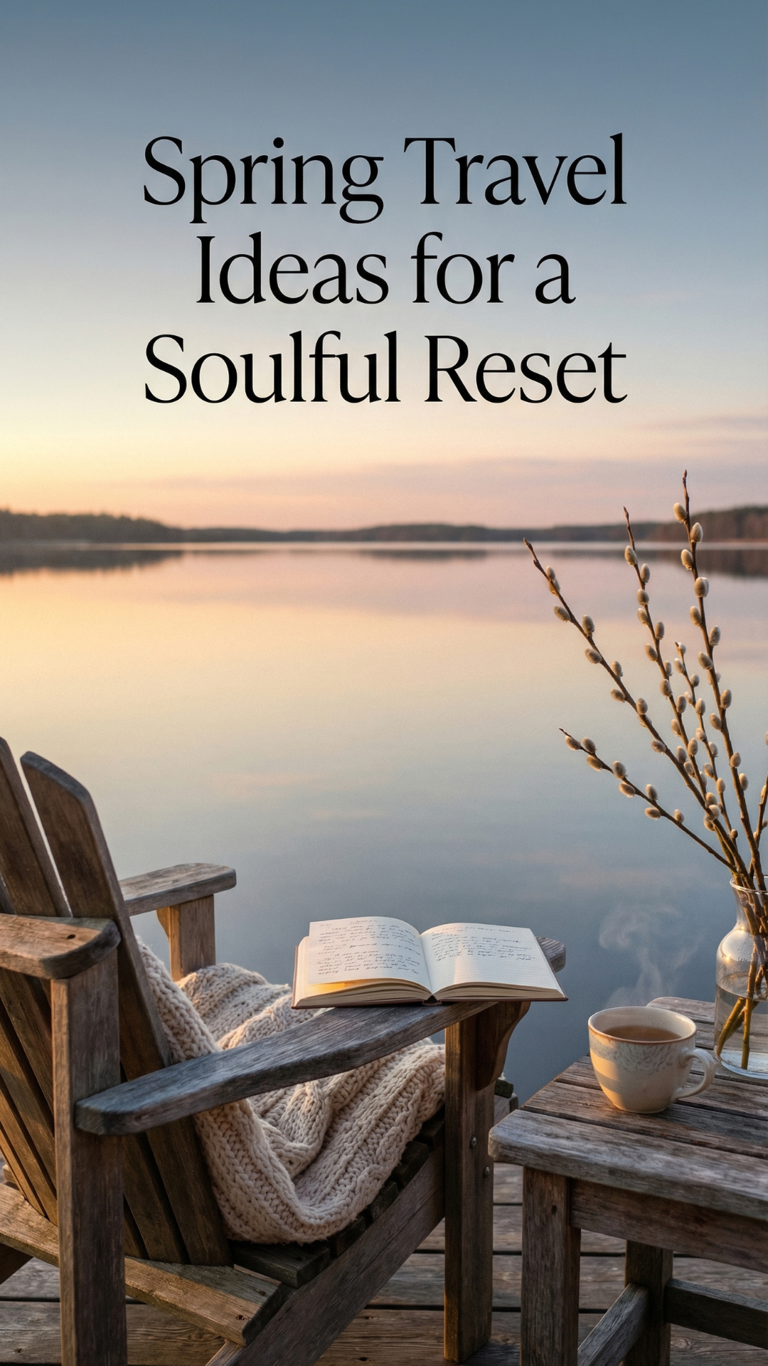 Wooden chair with a cozy blanket, open journal, and tea beside a calm lake at sunrise with spring branches in view.