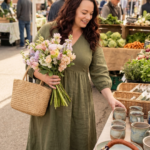 Woman at an outdoor spring market holding a bouquet and browsing pottery while carrying a woven bag.
