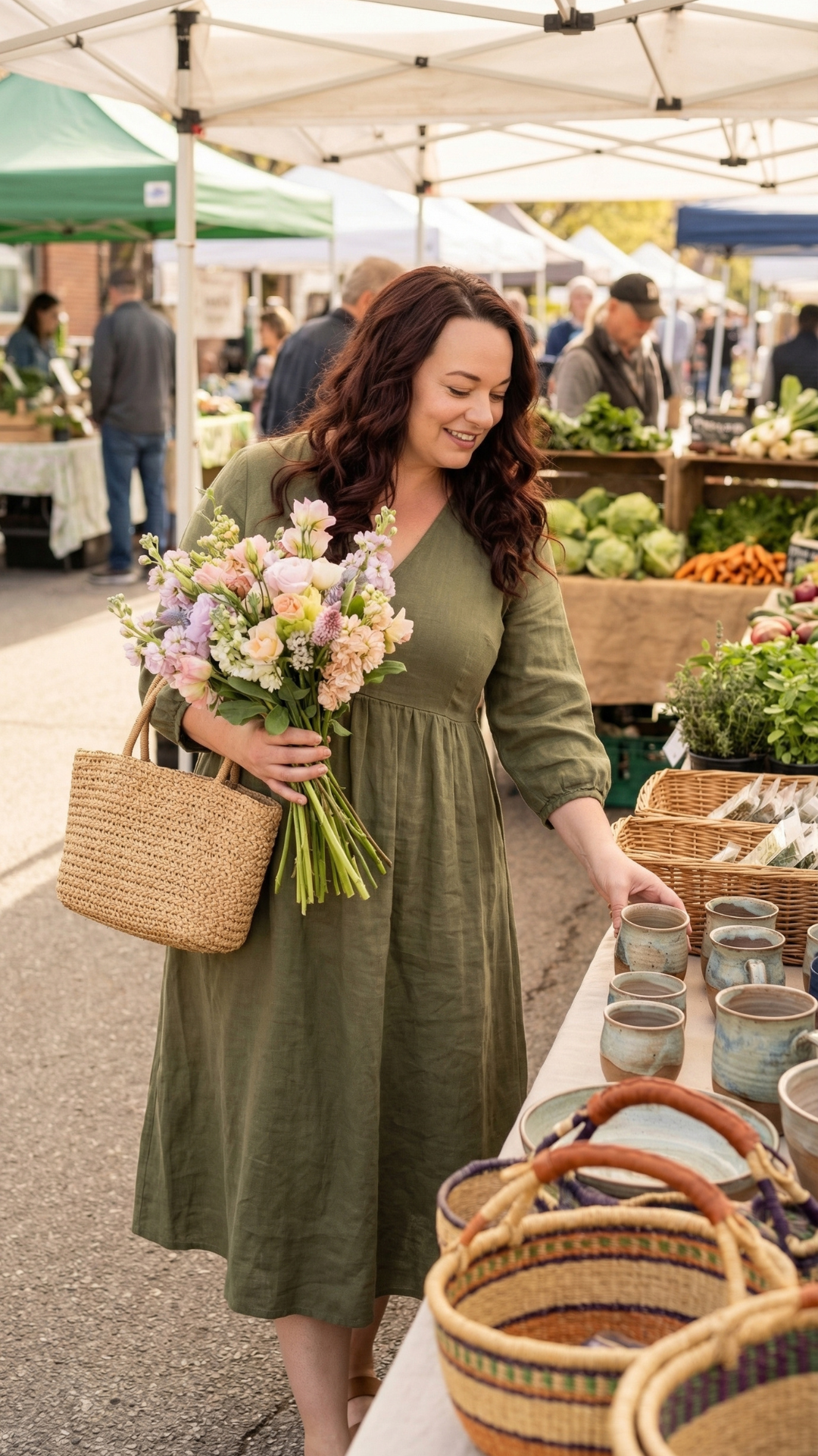 Woman at an outdoor spring market holding a bouquet and browsing pottery while carrying a woven bag.