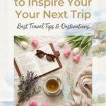 Pinterest travel flat lay with tulips, tea, map, journal, sunglasses, lavender, and soft linen styling with spring getaway text.