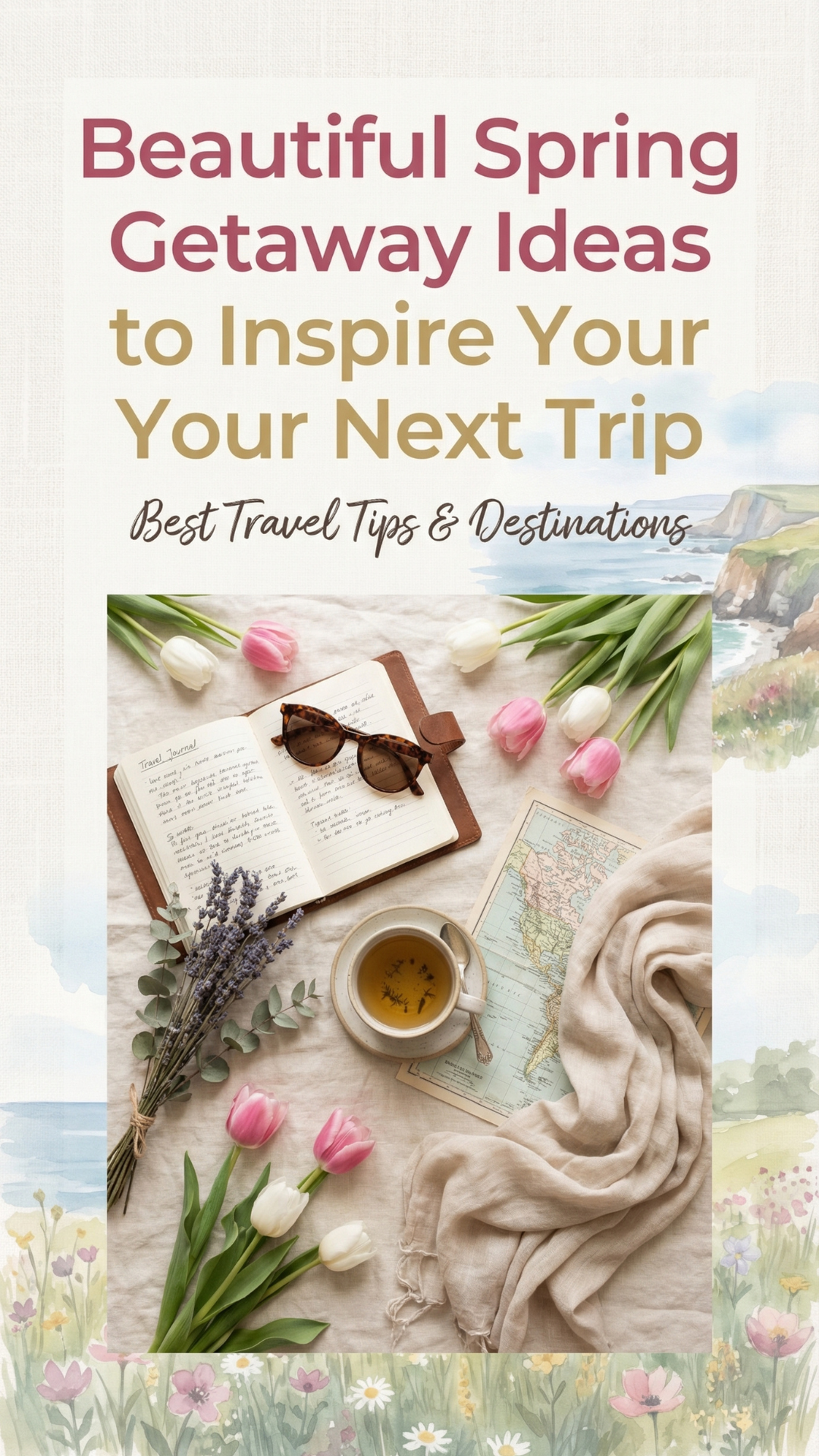 Pinterest travel flat lay with tulips, tea, map, journal, sunglasses, lavender, and soft linen styling with spring getaway text.